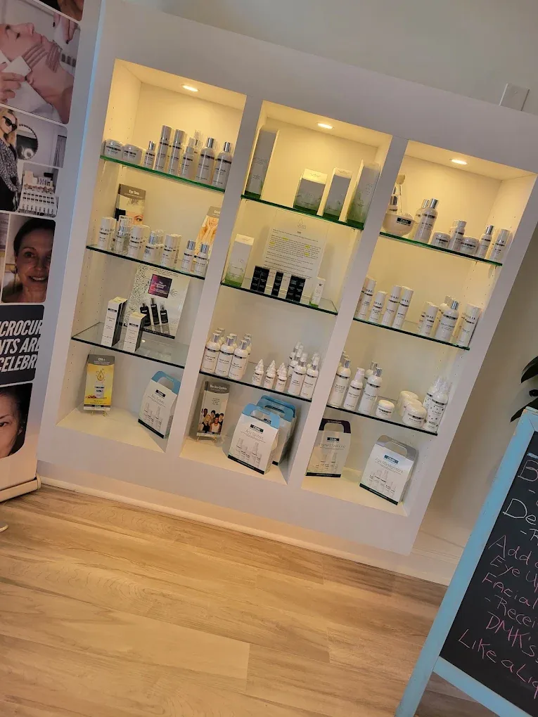 The professional skincare display at MySkin, stocked with DMK and Neurotris products