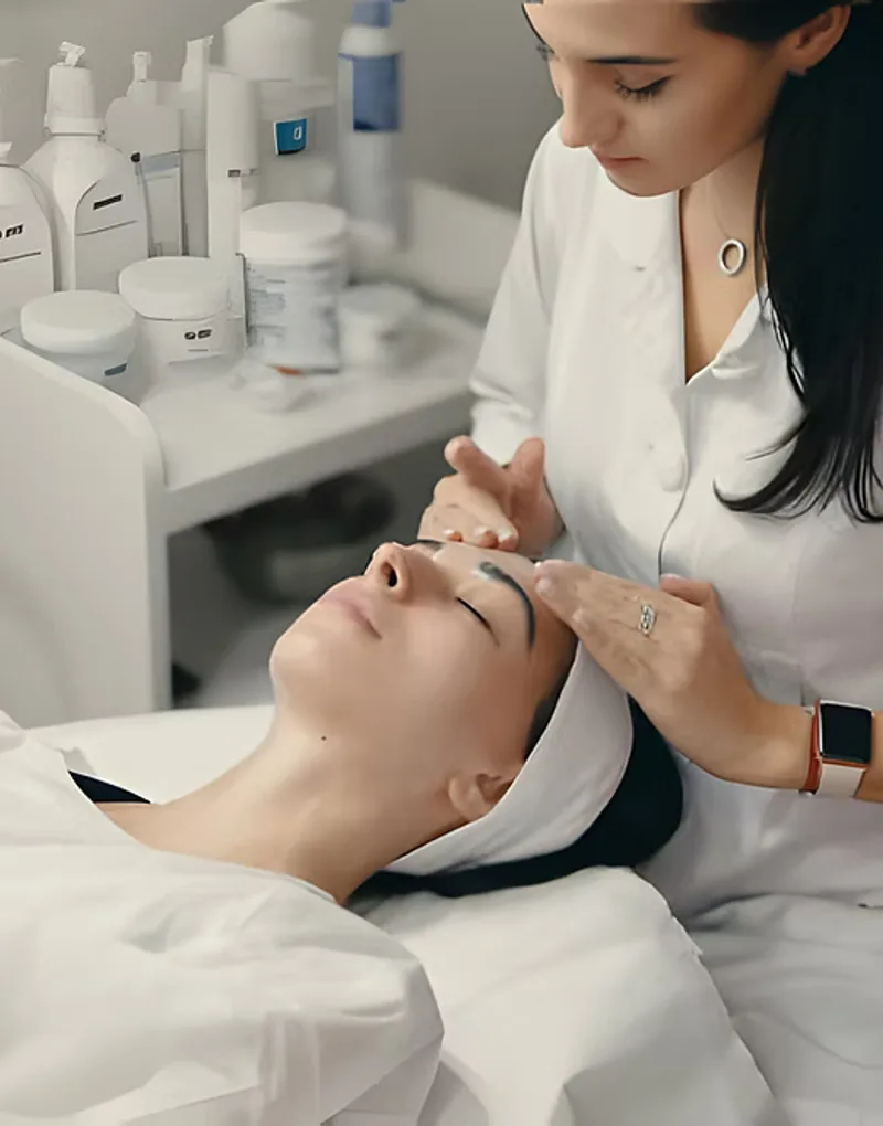 A Meder facial being performed, with an esthetician applying product to a client’s forehead